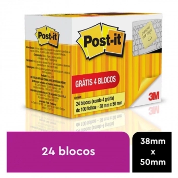 Bloco Adesivo Post-it 3m 38x50mm Amarelo 20un + 4un Gr�tis
