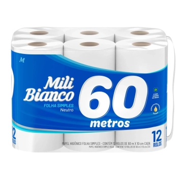 Papel Higinico Mili Bianco 60m Folha Simples Neutro Pacote com 12 Unidades