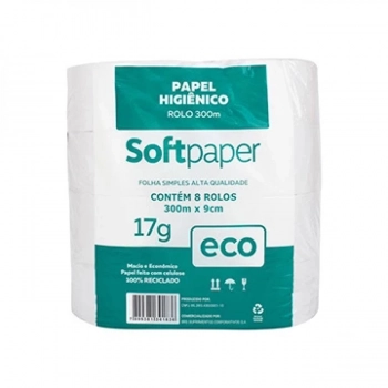 Papel Higienico Rolo 300m Softpaper Eco Rec Fs 17g Cx 8un