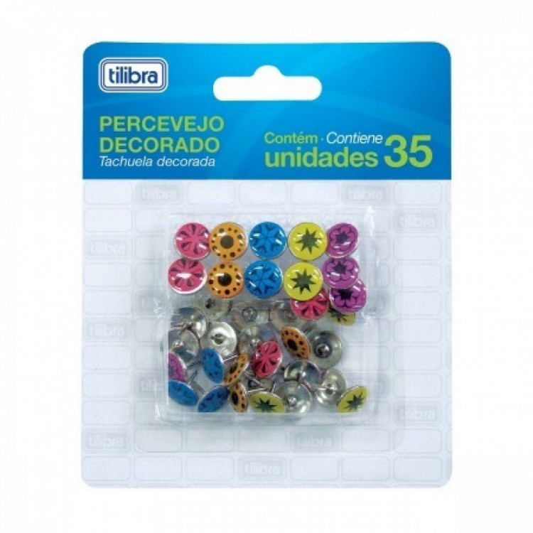 Percevejo Decorado Blister com 35 Unidades Cores Sortidas - Tilibra Percevejo Decorado Blister com 35 Unidades Cores Sortidas - Tilibra